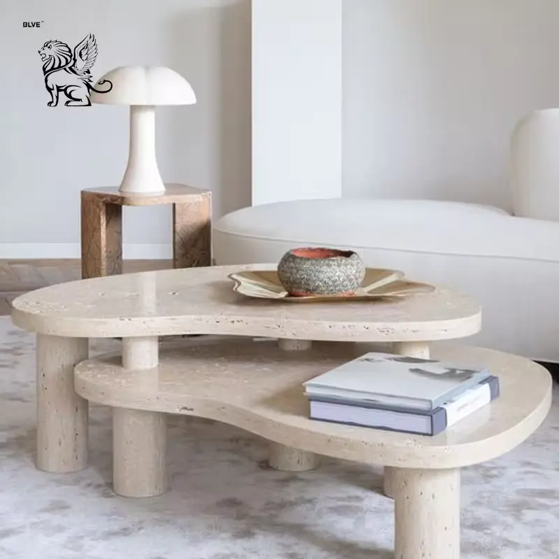 BLVE Mesa de estar em estilo europeu, mesa lateral de pedra natural para móveis domésticos, mesa de centro em mármore