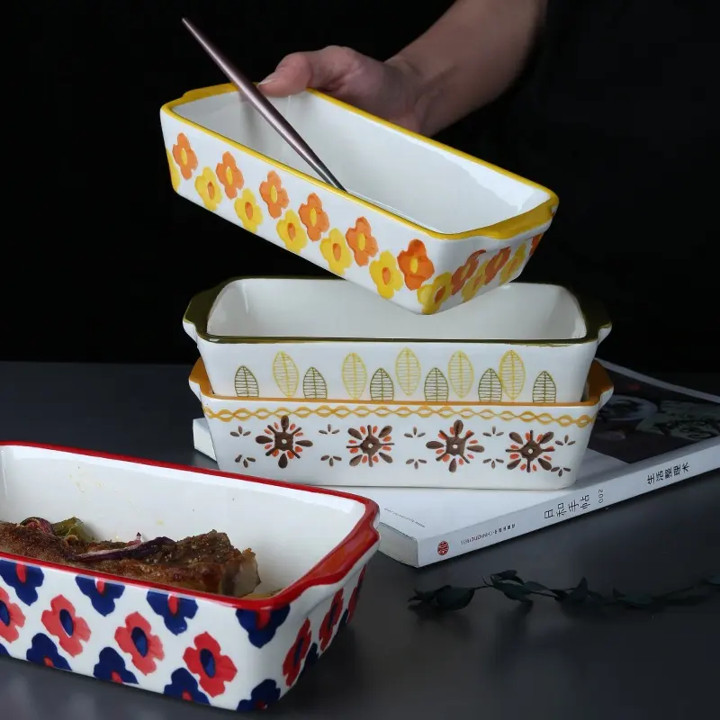 Dipinto a mano Full Size personalizzato forno a microonde per una persona piatto da forno in ceramica teglia rettangolare per torta antiaderente