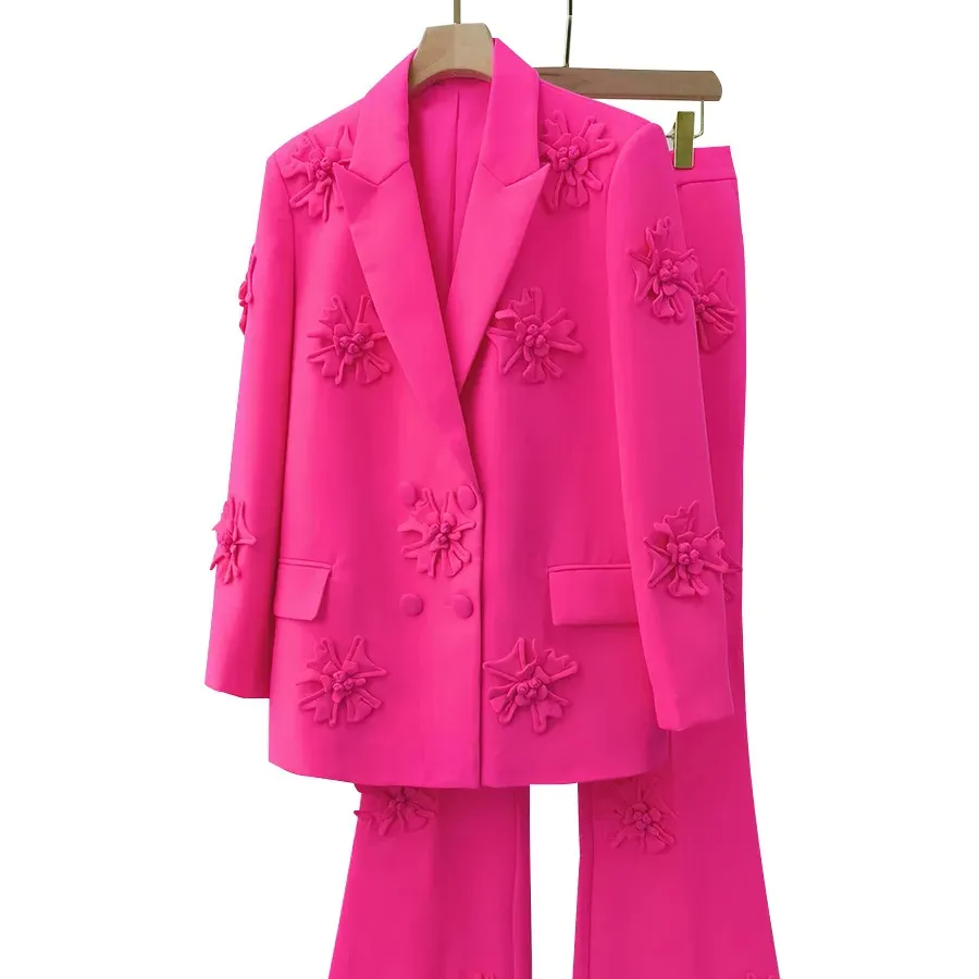 2024 marca de moda Rose traje de doble botonadura pantalones acampanados mujeres Blazer traje conjunto para damas