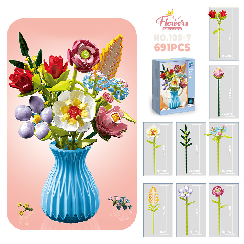 109-7 flores, 8 sets - envío de jarrón con color aleatorio, 1-691 piezas - 0.6 kg