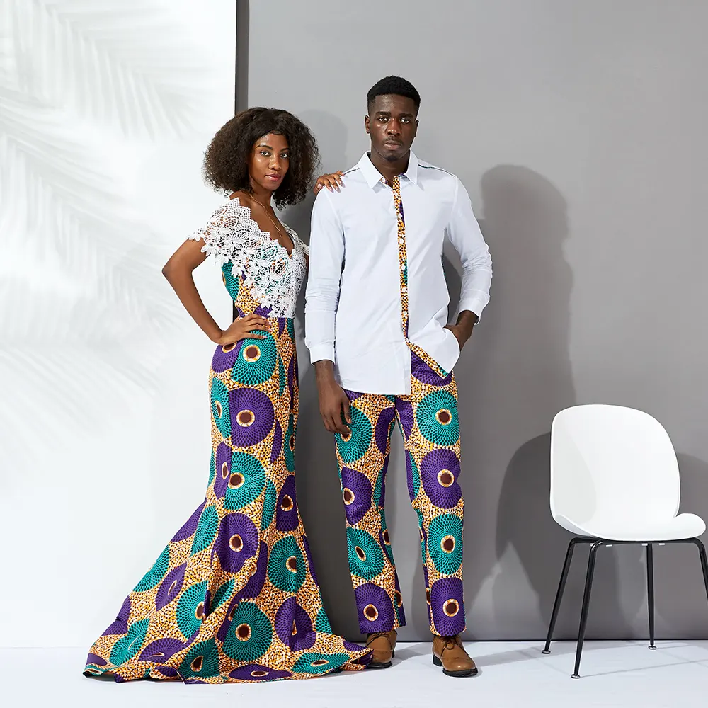 Özel afrika balmumu baskı erkekler için iki adet Set 100% pamuk moda erkek gömlek rahat erkekler çift parti giysileri
