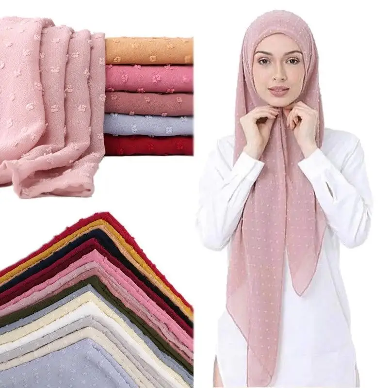 Nuovo commercio all'ingrosso personalizza tinta unita Chiffon lana palla modello islamico signore foulard sciarpa araba scialle donne musulmane hijab