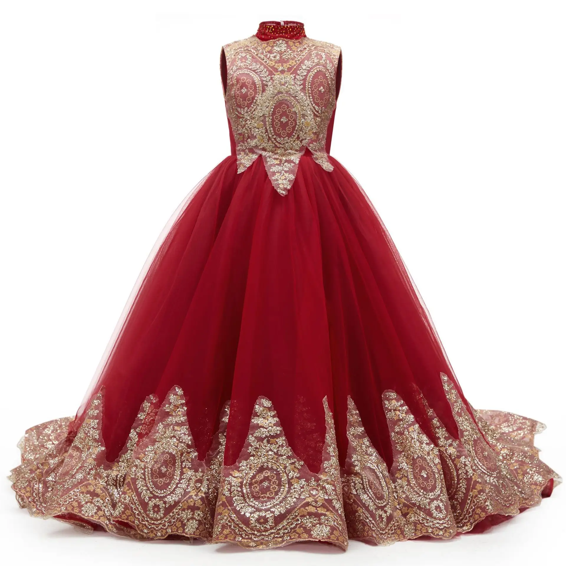 Vestido de noiva elegante para meninas, vestido vermelho de banquete elegante, moda de noite para meninas grandes de 10 anos