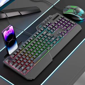 Hot bán 104 RGB Backlit có dây chơi game Bàn phím cơ khí cảm thấy giao diện USB máy tính không thấm nước ngoại vi với người giữ điện thoại - Product Image 1