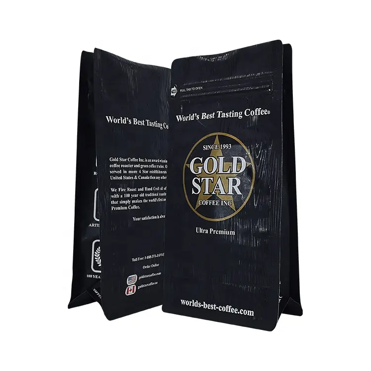 Bolsas de café negras biodegradables Embalaje personalizado Bolsa de cremallera de grano de café de fondo plano con válvula