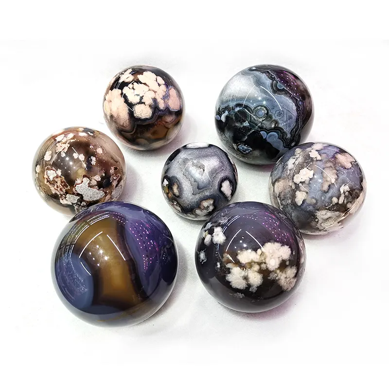 Esferas de ágata de flor de cerezo de cristal natural, esferas de ágata, flor negra pulida