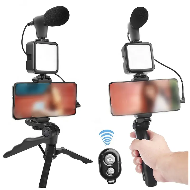 Micrófono de escopeta con luz LED, trípode para Vlogging, kit de micrófono de vídeo