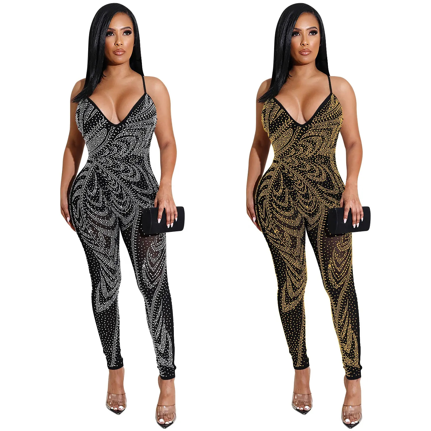 Europese En Amerikaanse Vrouwen Sexy Nachtclub Gaas See-Through Melk Zijde Bretels Broek Jumpsuit Plus Size Jumpsuits