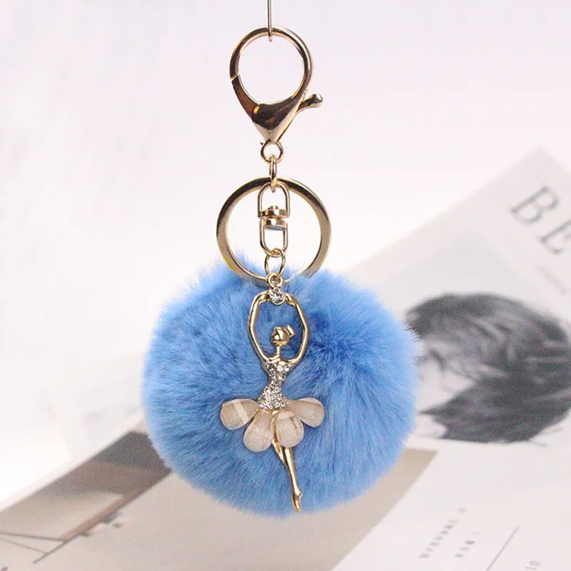 28 Colors 2in1 Dancing Fluffy Pompom Keychains Ballerina Girl Fur Ball Keychain Car Key Ring Decoration Bags key chain