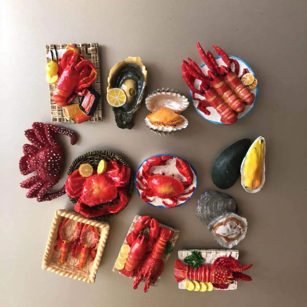 Best-seller 3D resina magnética dos desenhos animados ímã geladeira comida lagosta rei caranguejo Seafood modelo cozinha restaurante decorações