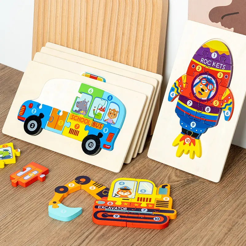 Juguete educativo Montessori para niños, rompecabezas de coche de dibujos animados de madera