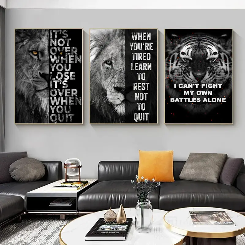 Póster de León y tigre en blanco y negro, lienzo inspirador en inglés, arte de pared Simple, pintura sobre lienzo con marco