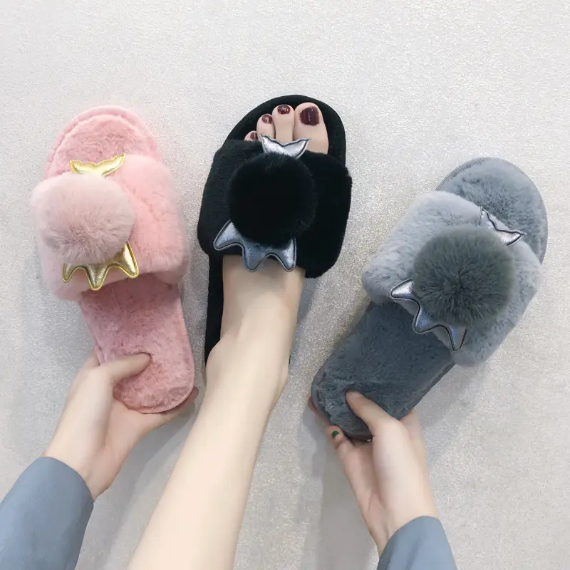 Wholesale fashion custom parent-child indoor winter children's plush comfortable women's open toe slippers