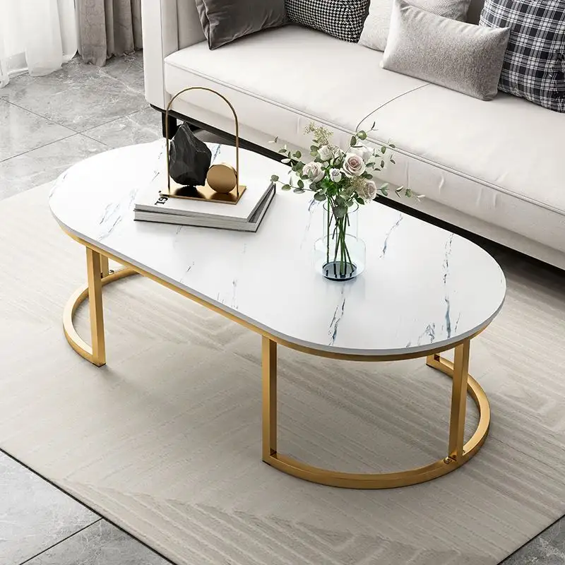 木製の楕円形のコーヒーテーブル金属フレームリビングルーム家具デザイン