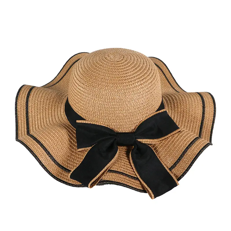 Womens Sun Straw Hat Wave Edge Big Bowknot Wide Brim UPF 50 Summer Hat Floppy Beach Hats for Women Travel