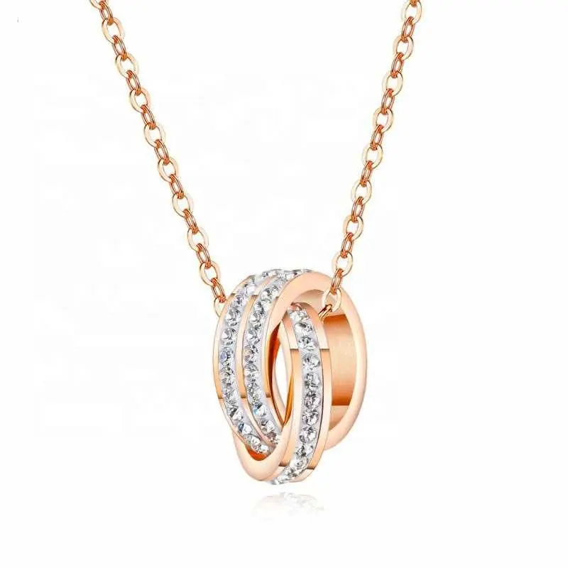 Elegante Dainty Feminino Rose Banhado A Ouro Anel Duplo Círculo Colar Pingente De Diamante