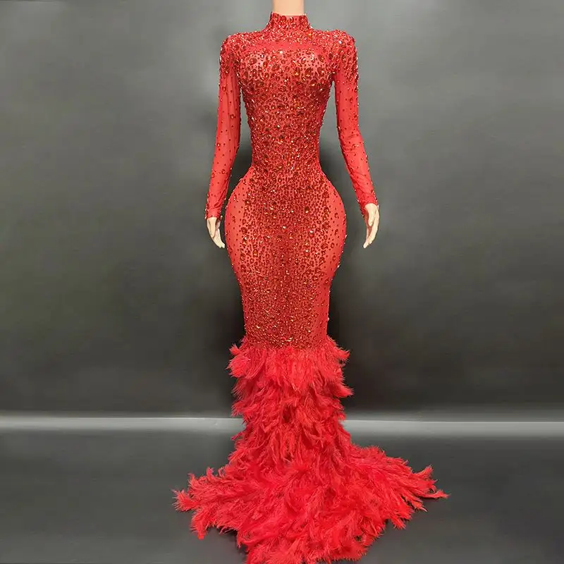 Nuovi prodotti di moda 2023 eleganti piuma coda di pesce diamanti rossi abbaglianti lusso abito da sera delle donne abiti da festa per la cena