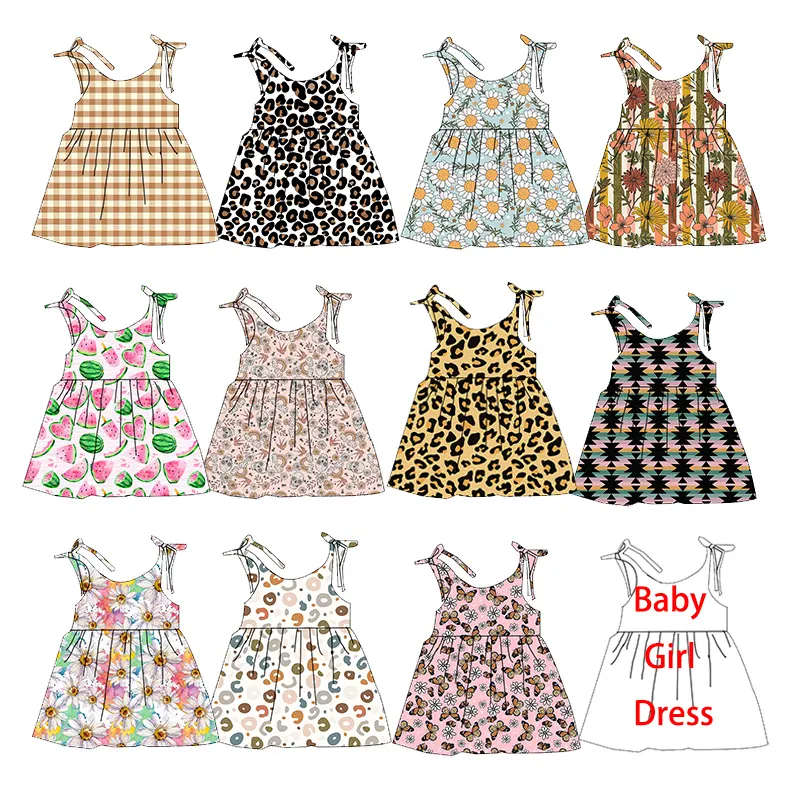 Summer Baby Girl Spaghetti Strap Lace Up Dress Custom Print Lovely Dress for Girls Soft Party School Day Dress Baby Clothes