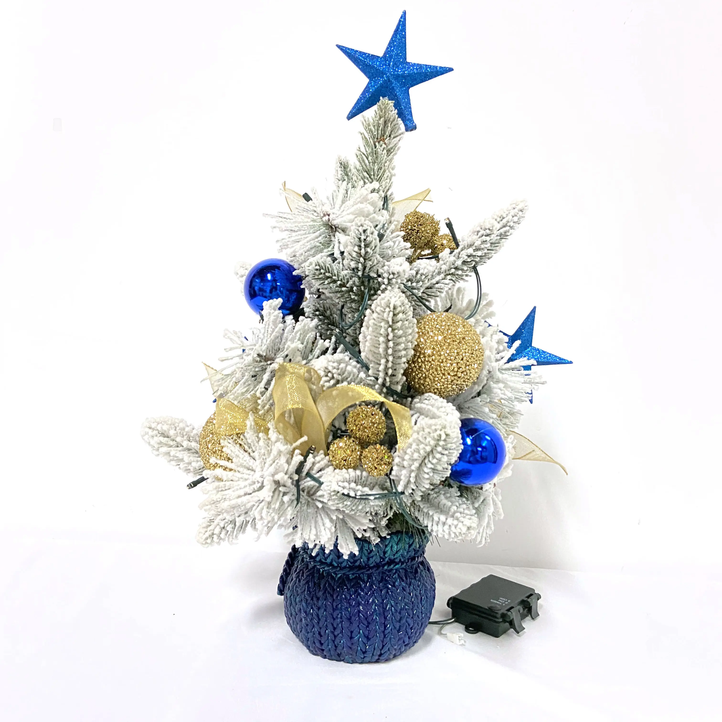 Bianco artificiale PVC di aghi di pino 40 centimetri da tavolo albero di natale con blu scuro bacino di ceramica della decorazione di natale forniture