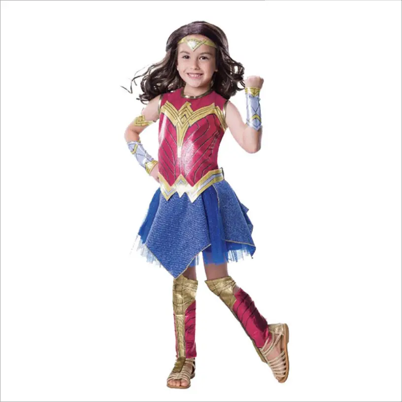 Fantasia de mulher maravilha halloween cosplay, uniforme gladiador para meninas 3-8 anos, em estoque