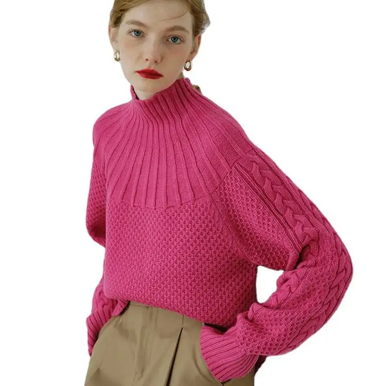 Sweater rajut wanita, Sweater rajut setengah kerah tinggi gaya Vintage mawar warna merah blok lengan panjang pullover Logo kustom