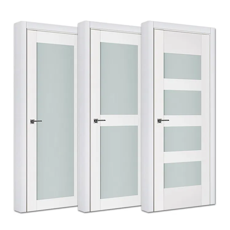 Puertas de vidrio de madera para habitación interior moderna, puerta de madera blanca para baño interior de estilo francés americano con inserciones de panel de vidrio esmerilado