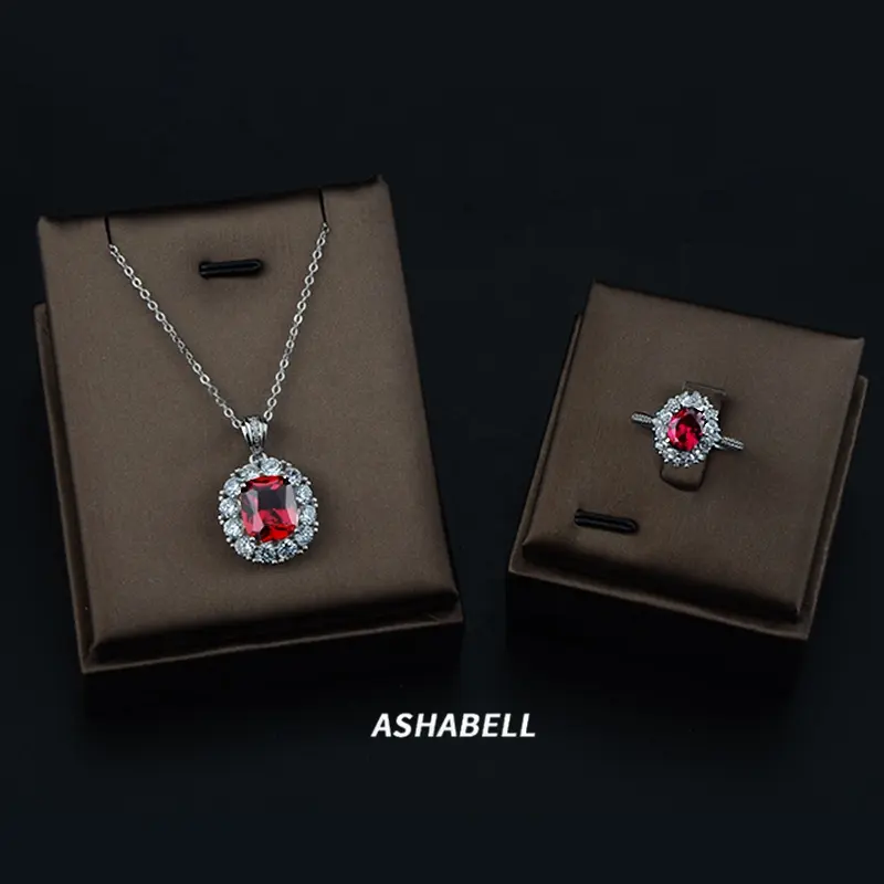 Venta al por mayor de lujo rubí artificial conjunto de joyas de circón 925 conjuntos de joyería de moda de plata conjuntos de joyería de regalo de Navidad para las mujeres