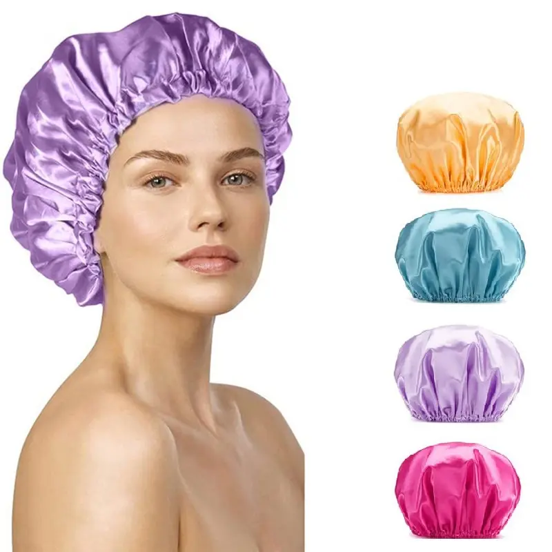 100% Poliéster Cetim Duche Caps Reutilizáveis Impermeável Beauty Salon Chapéus EVA Silk Braid Bonnets Mulheres Cabelo Envoltório Inner Elastic Bath