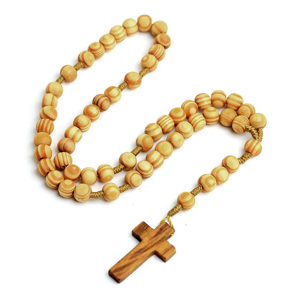 2024 prière religieuse perles de chapelet en bois faites à la main collier catholique avec croix