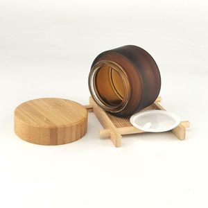 Katı ahşap ve bambu kapak buzlu cam krem şişesi taşınabilir <span class=keywords><strong>3g</strong></span> 15g 30g 50g 150g 200g kozmetik krem kavanozu