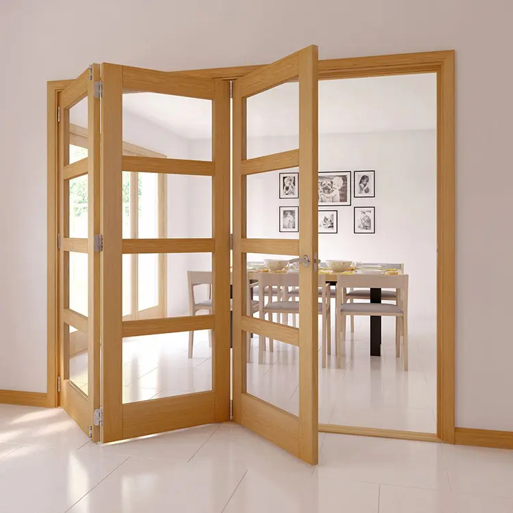Factory prices interior bi folded style soundproof bi-fold wooden doors design modern wood framed glass partition folding door