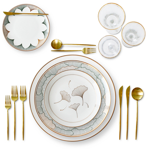 Ginkgo yaprağı tasarım sarı ve yeşil renk altın kakma desen sırlı çıkartma kağıdı ince çin porsoleni yemek takımı setleri - Product Image 3