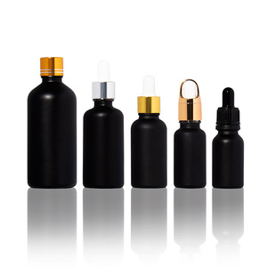 Garrafa De Vidro De Óleo Essencial com <span class=keywords><strong>Dropper</strong></span> Vazio Preto Redondo 30ml 100ml Capacidades para Cuidados Com A Pele Soro Creme Acabamento Matte Screw Cap