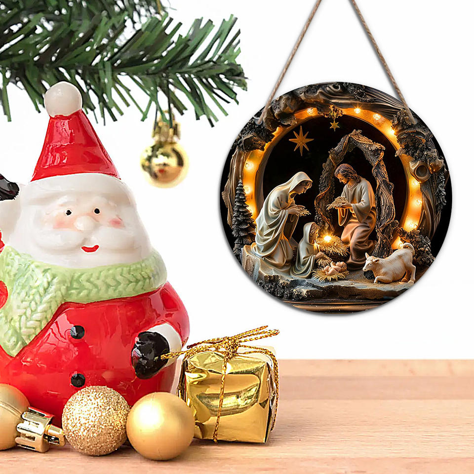 Spot Wooden Jesus Birth Baptism Circular Logo Wall Hanging Decoration for Bedroom Living Room Home Door Number Pendant