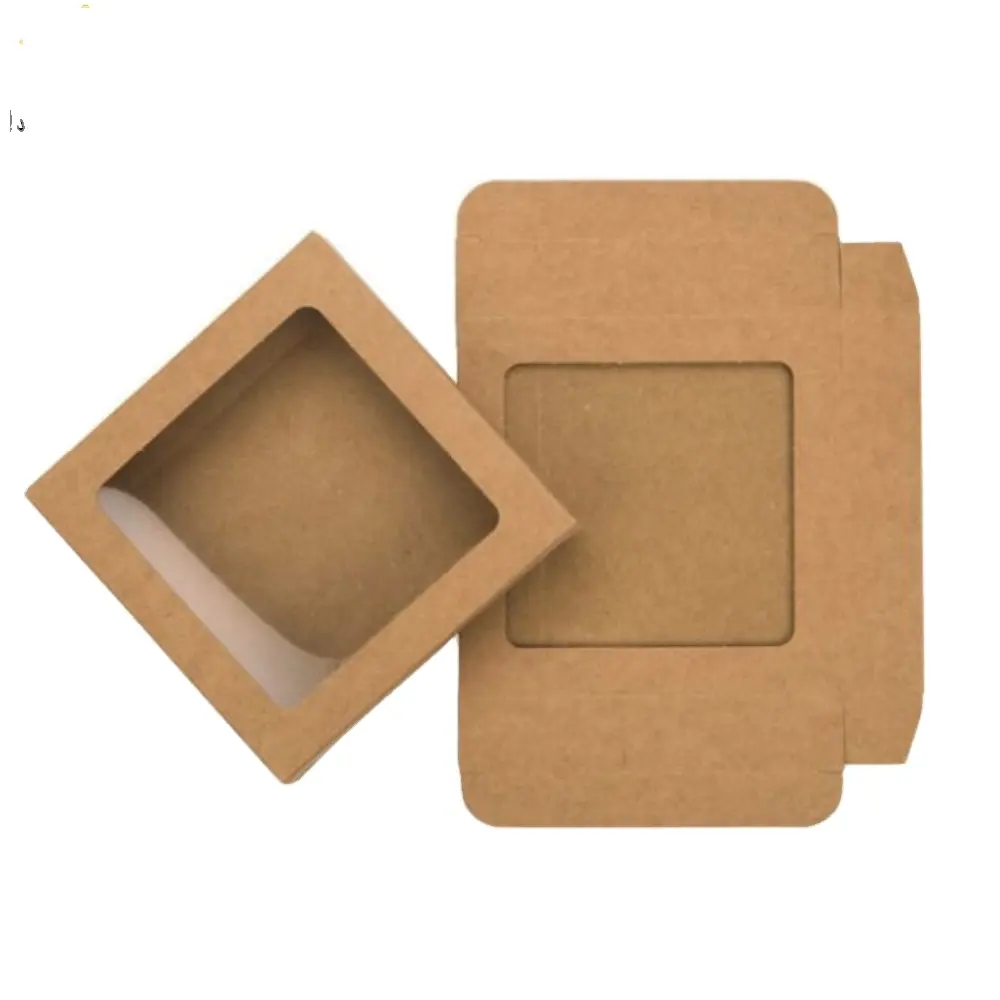 Toptan kahverengi renk perakende küçük ürün hediye paketleme see through 4x4x2 pencere kraft kutusu