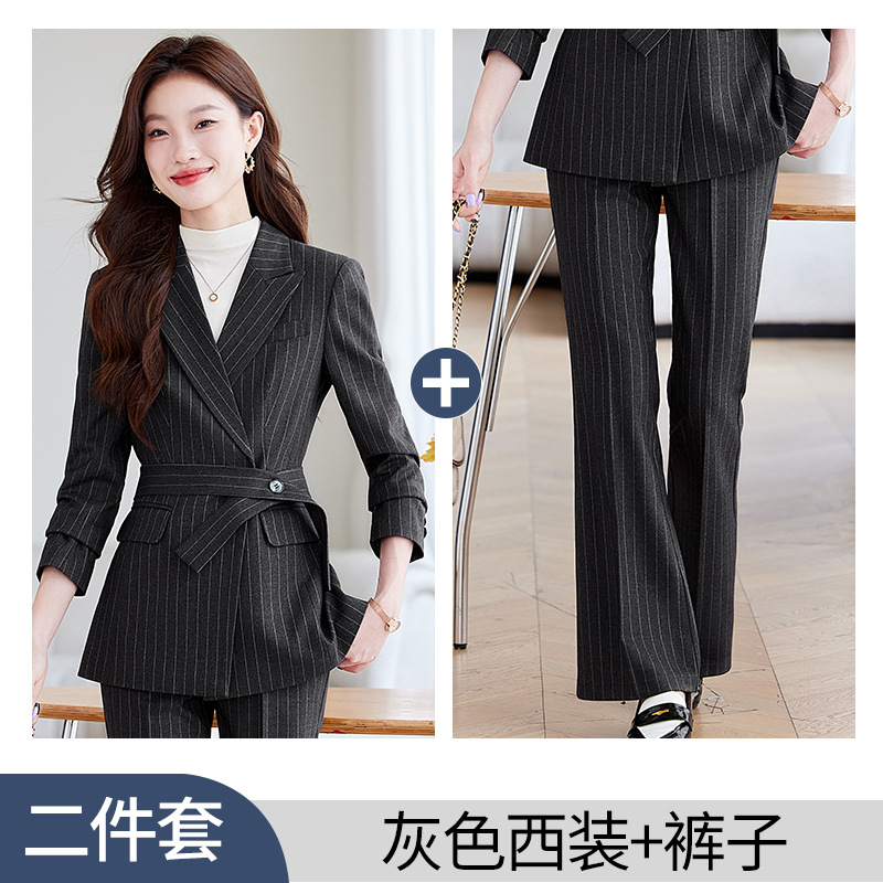 Gray striped suit trousers belt