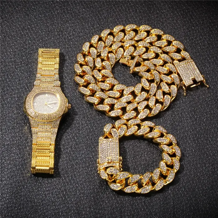 Set di gioielli Hiphop da uomo con cinturino a maglie cubane 20mm placcato in oro con diamante pieno diretto in fabbrica di vendita calda americana
