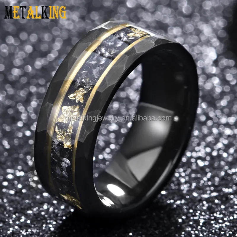 8mm Black Hammered Tungsten Rings for Men Wedding Band Genuine Meteorite Shavings and Gold Foil Inlay Two Gold Strip Comfort Fit