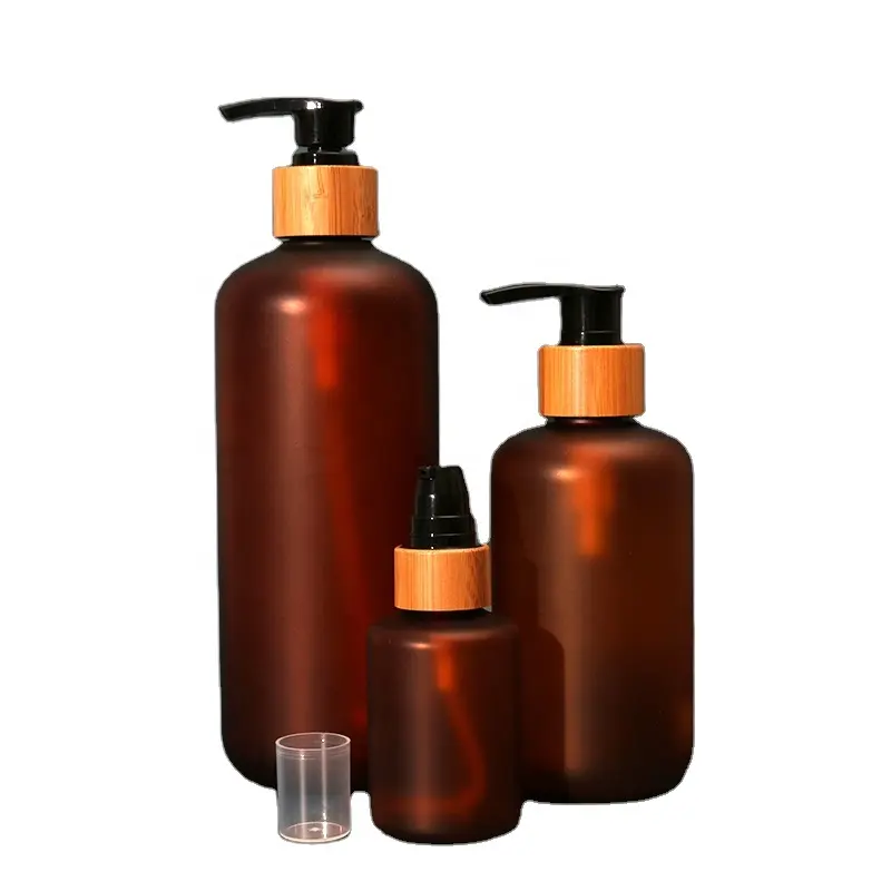 Botol kosmetik beku 1 liter pet botol plastik bulat boston dengan pompa lotion bambu