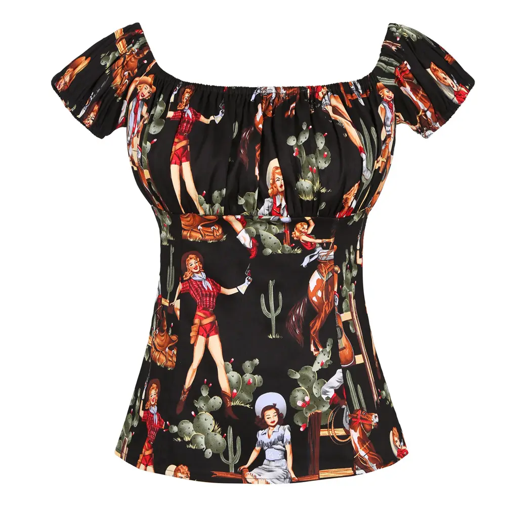 Camiseta de algodón de manga corta para mujer, ropa con estampado de vaquera roja y negra, Kawaii, Tops Retro de fiesta de los años 50 y 60, blusa WS0004