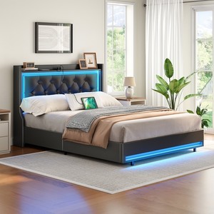 เตียงแฝด/คู่/เต็ม/เตียงขนาดควีนไซส์พร้อมหัวเตียงหุ้มโครงเตียงสีดำพร้อมไฟ LED ชาร์จไฟสถานี USB - Product Image 1