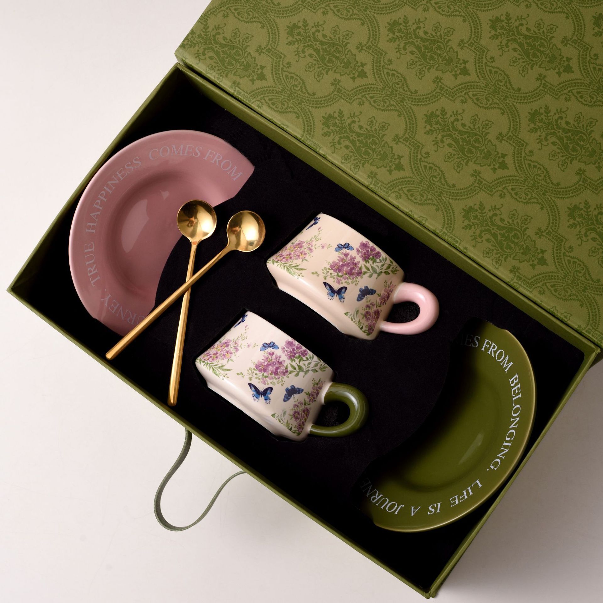 Coffret cadeau tasse paire de myrtilles crêpes vert rose