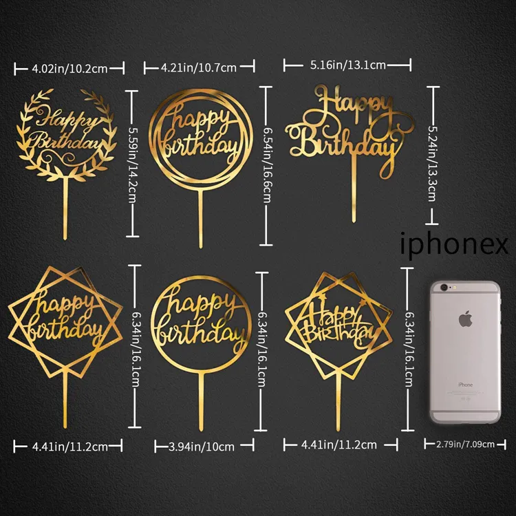 Personalizzato molti stili acrilico Cake Topper geometria oro rotondo lettera Cake Toppers buon compleanno festa nuziale Toppers Cupcake