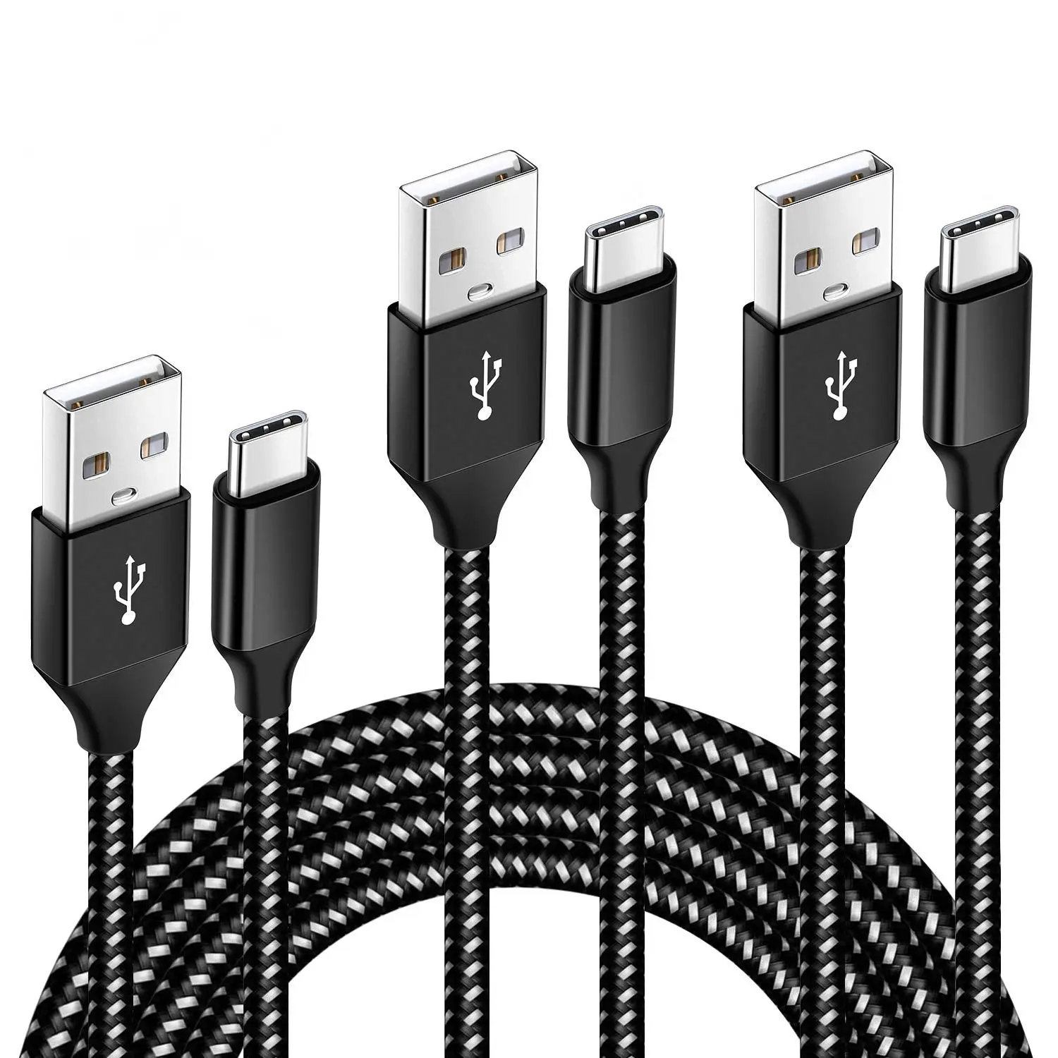 كابل USB من النوع C مجدول من النايلون بطول 2 متر باللون الأبيض والأسود من تصميم المصنع الأصلي لشحن الهاتف