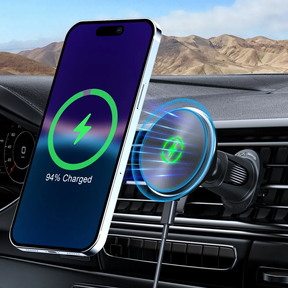 Evrensel 15W hızlı kablosuz araba şarjı şarj telefon tutucu araba güçlü manyetik mobil telefon tutucu dönebilir araba telefon tutucu