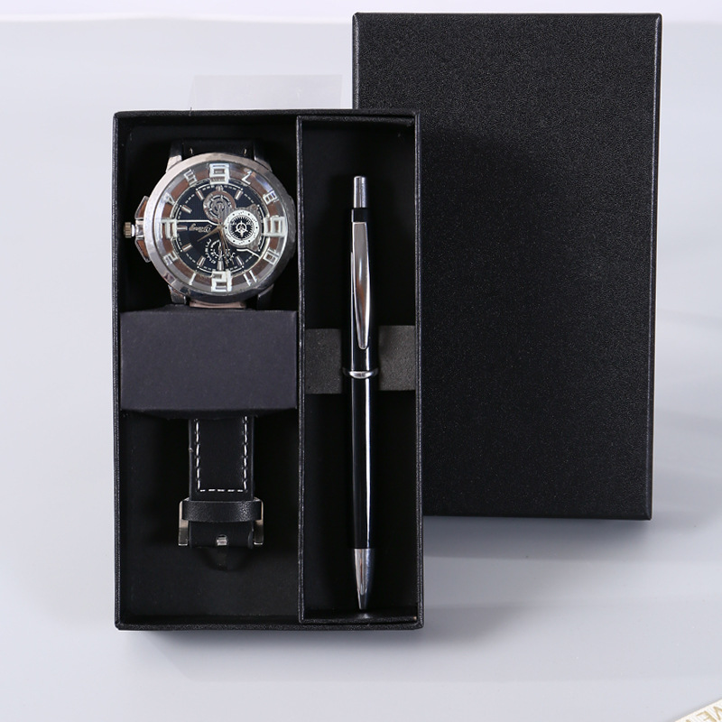 Coffret 3 pièces noir (coffret cadeau montre et stylo)