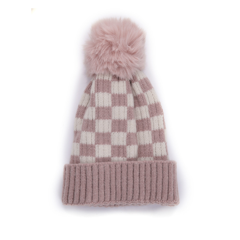 Pink Checkerboard Kids Knit Hat Beanies With Pom Pom