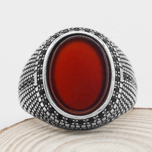 Turkish Real S925 Silver Red Agate CZ Stone Men Ring Designs、Antique Natural <span class=keywords><strong>Onxy</strong></span> Zircon Stone RingsでThai Silver