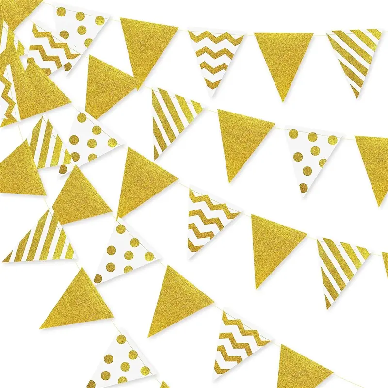 Gold Metallic Foil Polka Dot Stripe Paper Pennant Flags Banners Bunting Garland Streamer Party Decorations