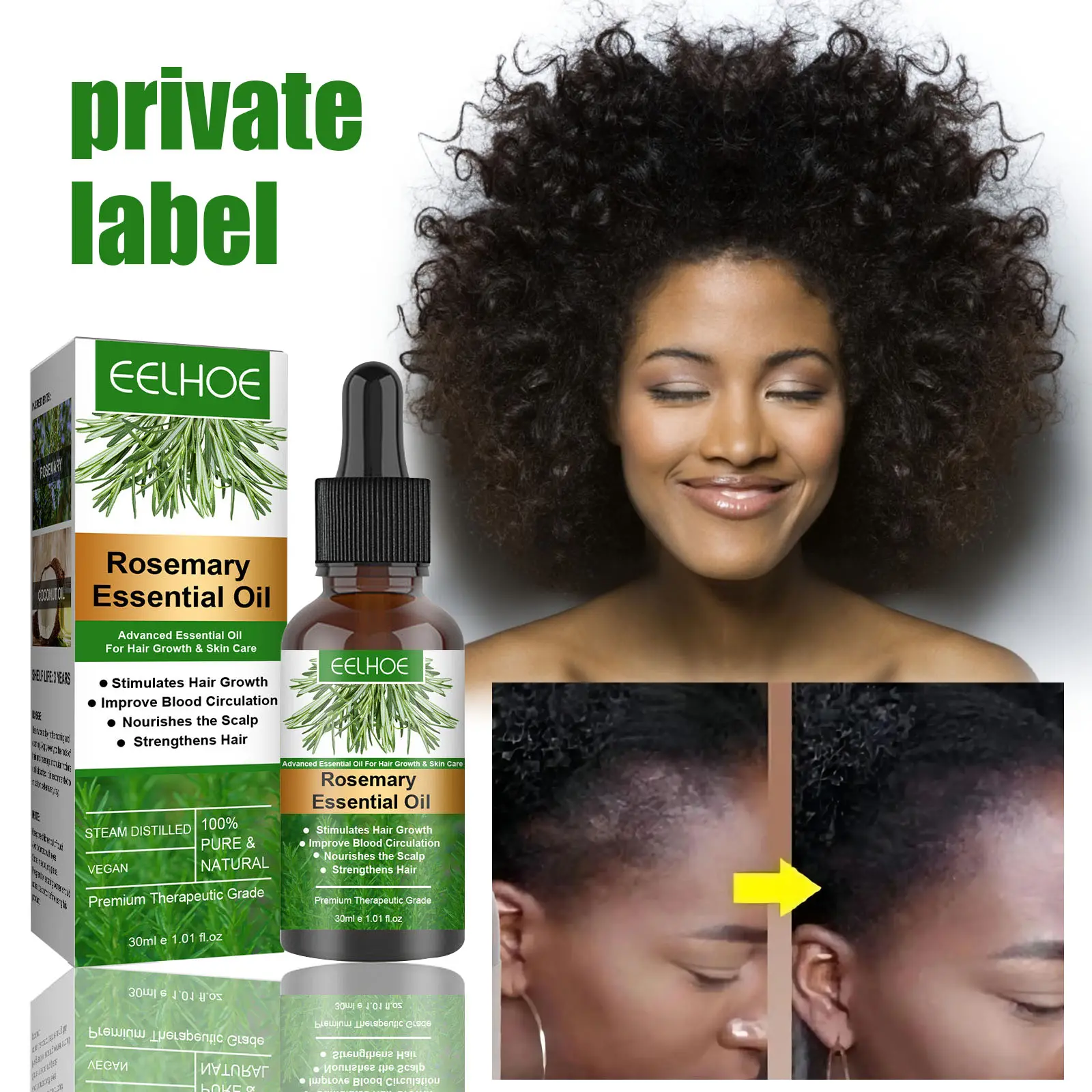 Sérum d'huile germinale au romarin sauvage pour la croissance des cheveux traitement biologique avec marque privée Secrets d'Afrique de l'Est rapide pour hommes et femmes